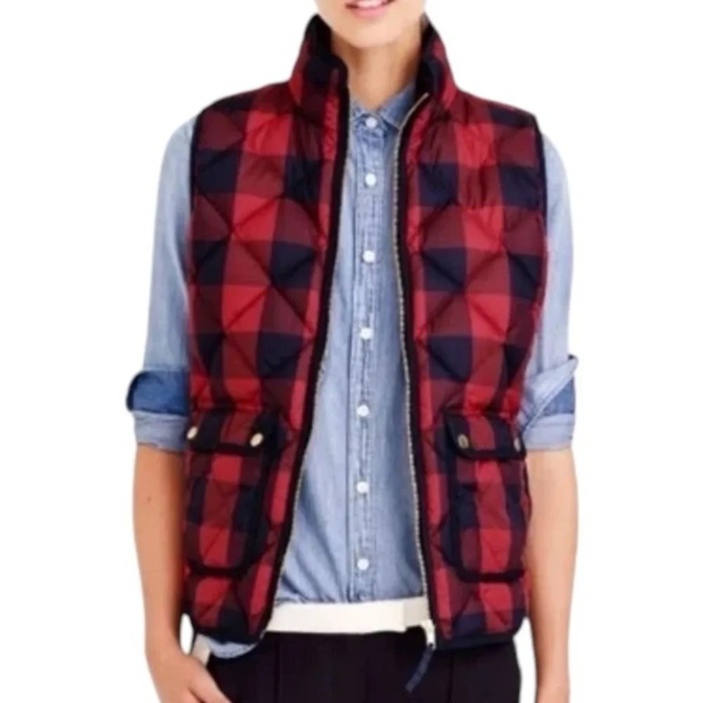 J Crew Excursion Red Navy Size XXS Quilted Vest Down Plaid Puffer Tartan
